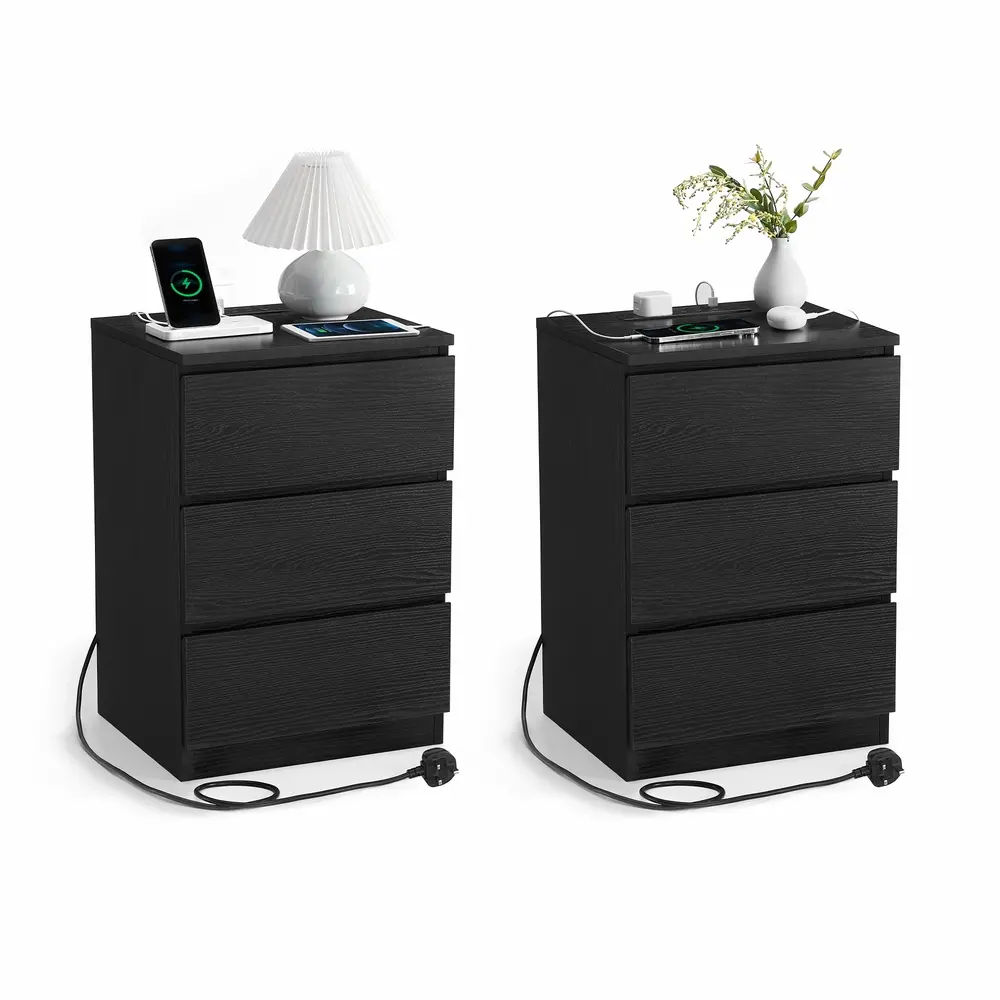 KAILYN Collection Bedside Tables with Power Strip Ebony Black