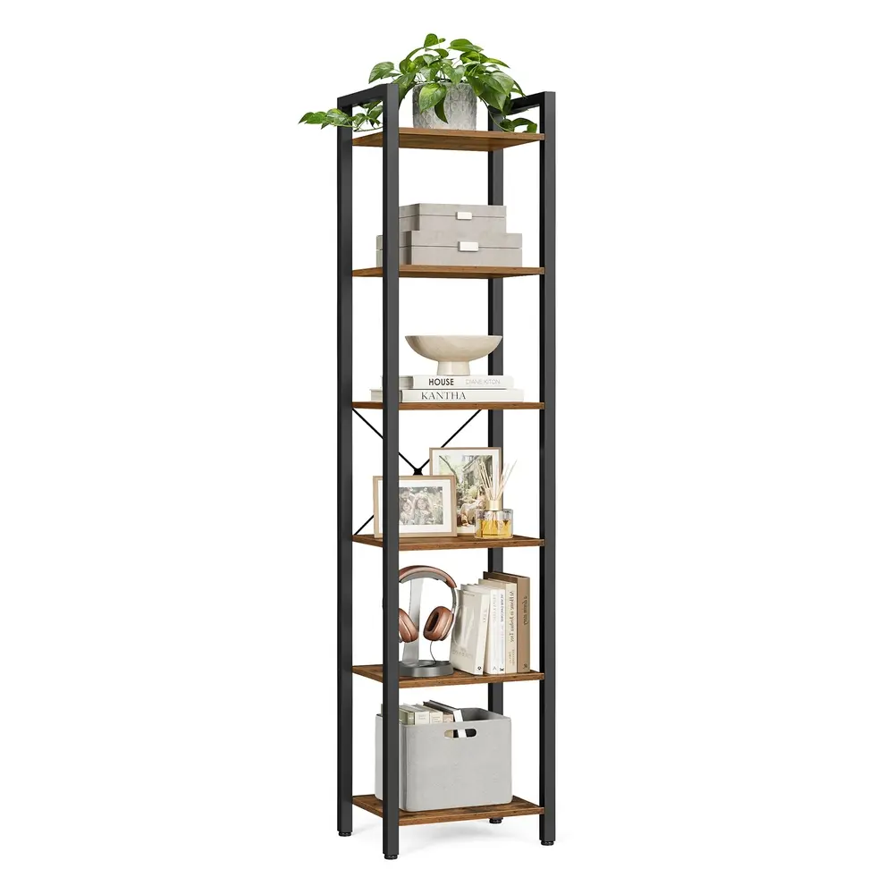 6-Tier Bookshelf, 30 x 40 x 187.5 cm, Rustic Brown and Ink Black