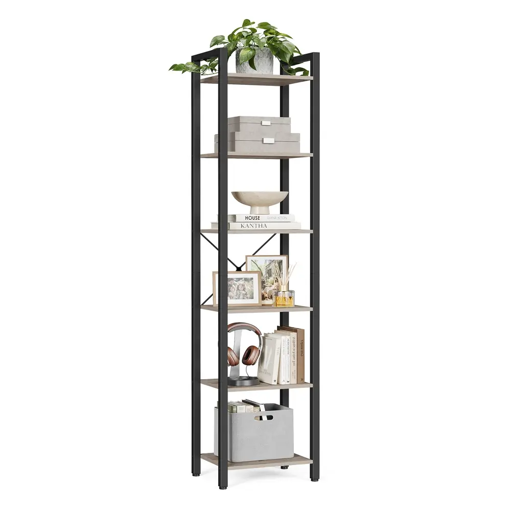 6-Tier Bookshelf, 30 x 40 x 187.5 cm, Heather Greige and Ink Black