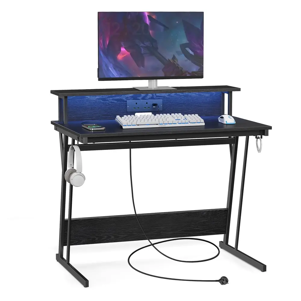 Gaming Desk with LED Lights and Built-In Power Outlets
