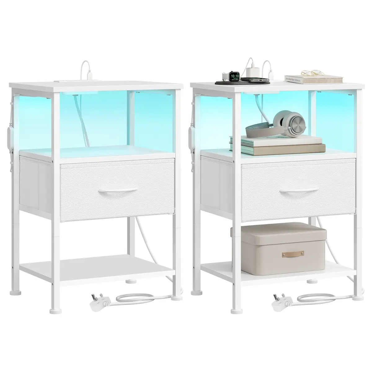 Bedside Table with Charging Station Set of 2 Cloud White