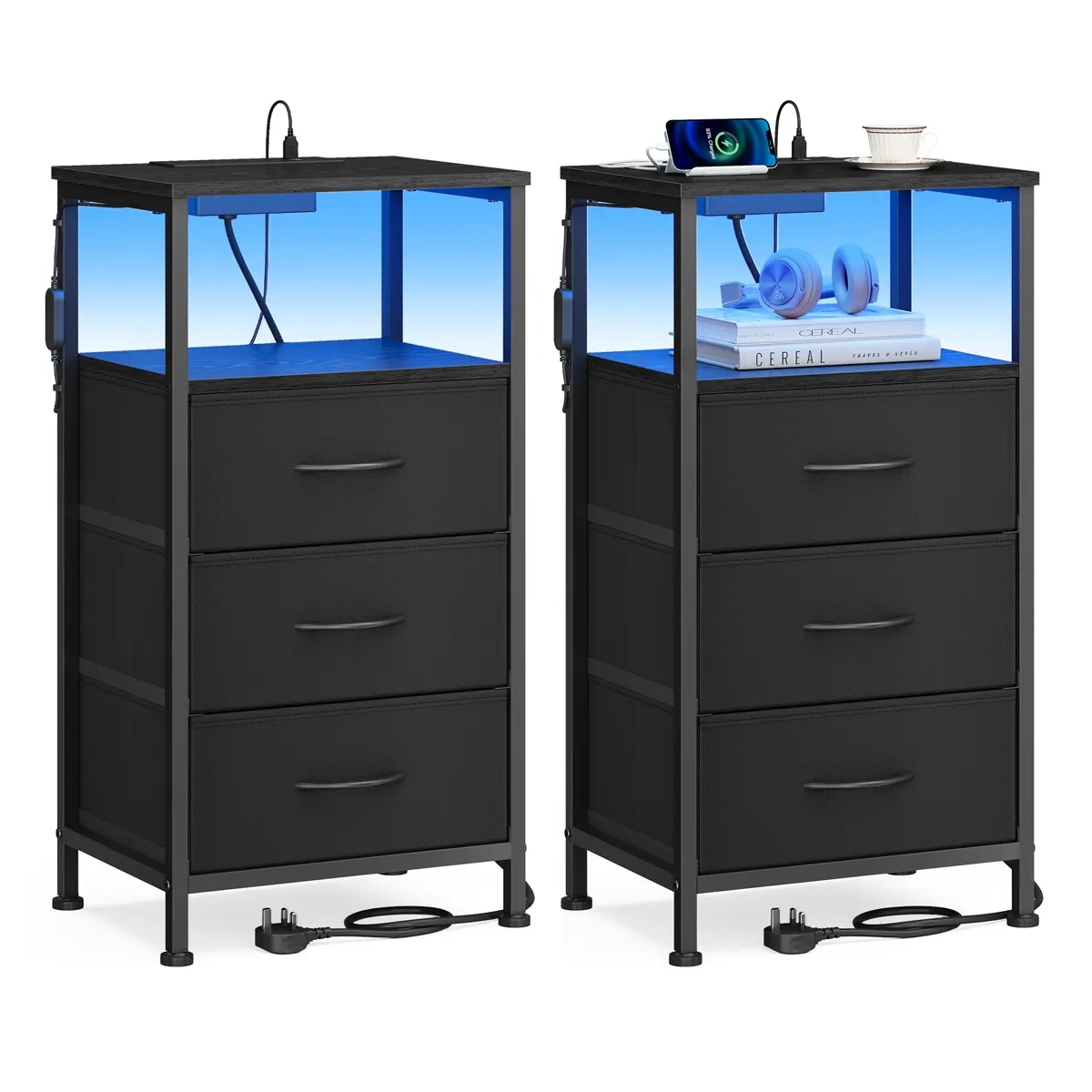 Bedside Table with Charging Station Set of 2 Ink Black