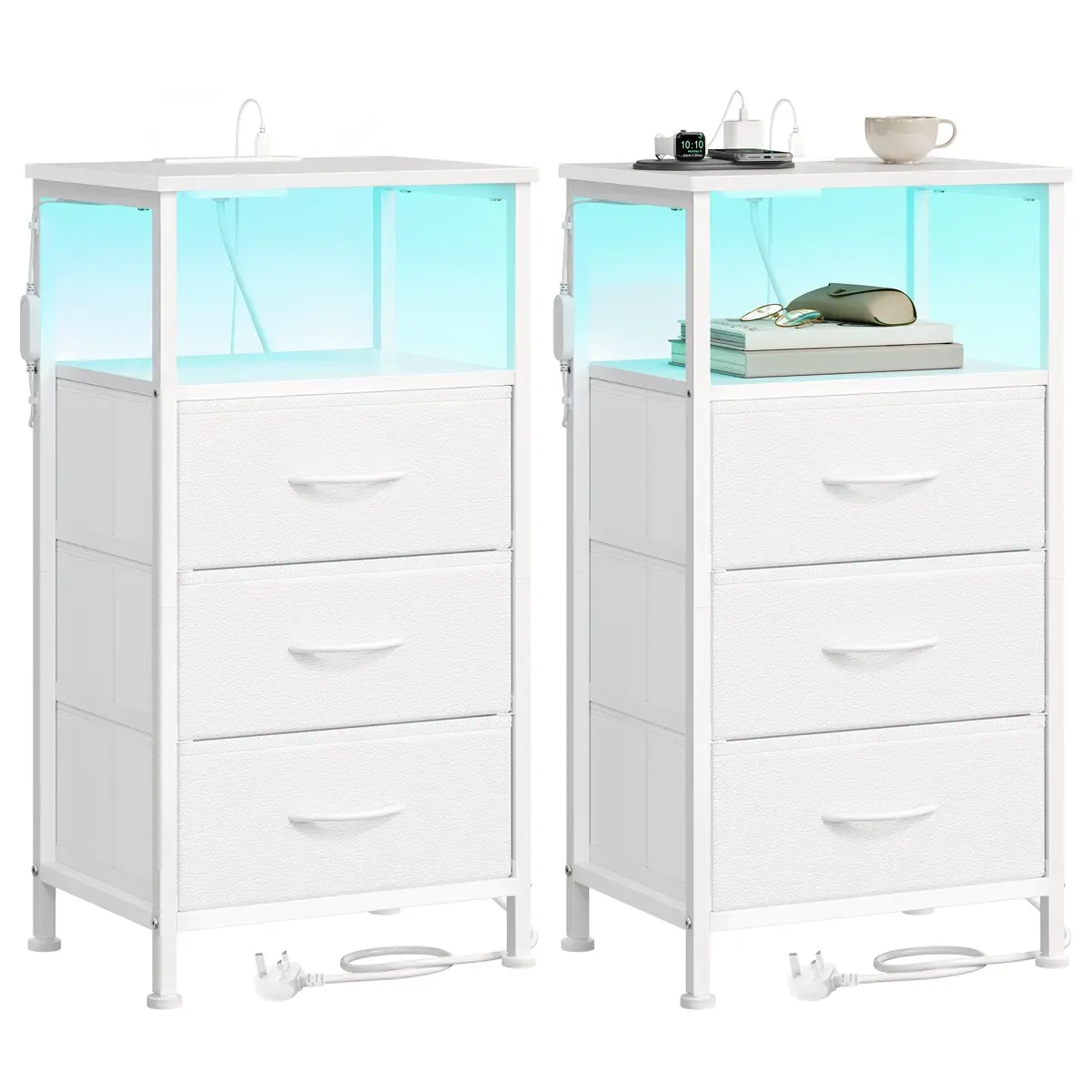 Bedside Table with Charging Station Set of 2 Cloud White