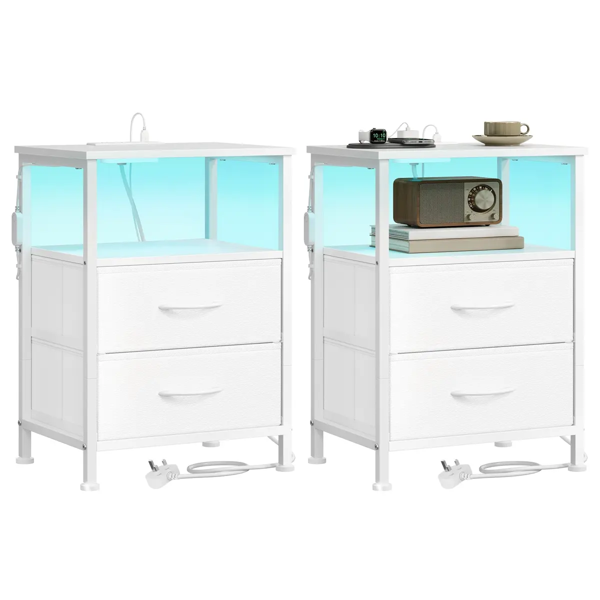 Bedside Table with Charging Station Set of 2 Cloud White