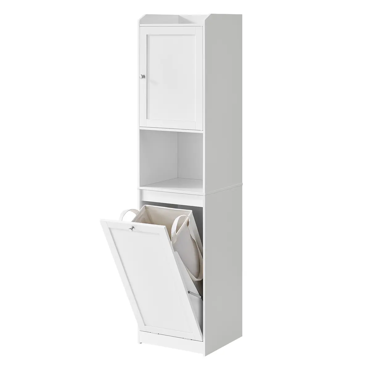 White Tall Bathroom Storage Cabinet with Removable Laundry Hamper, Freestanding Slim Organizer, for Small Spaces