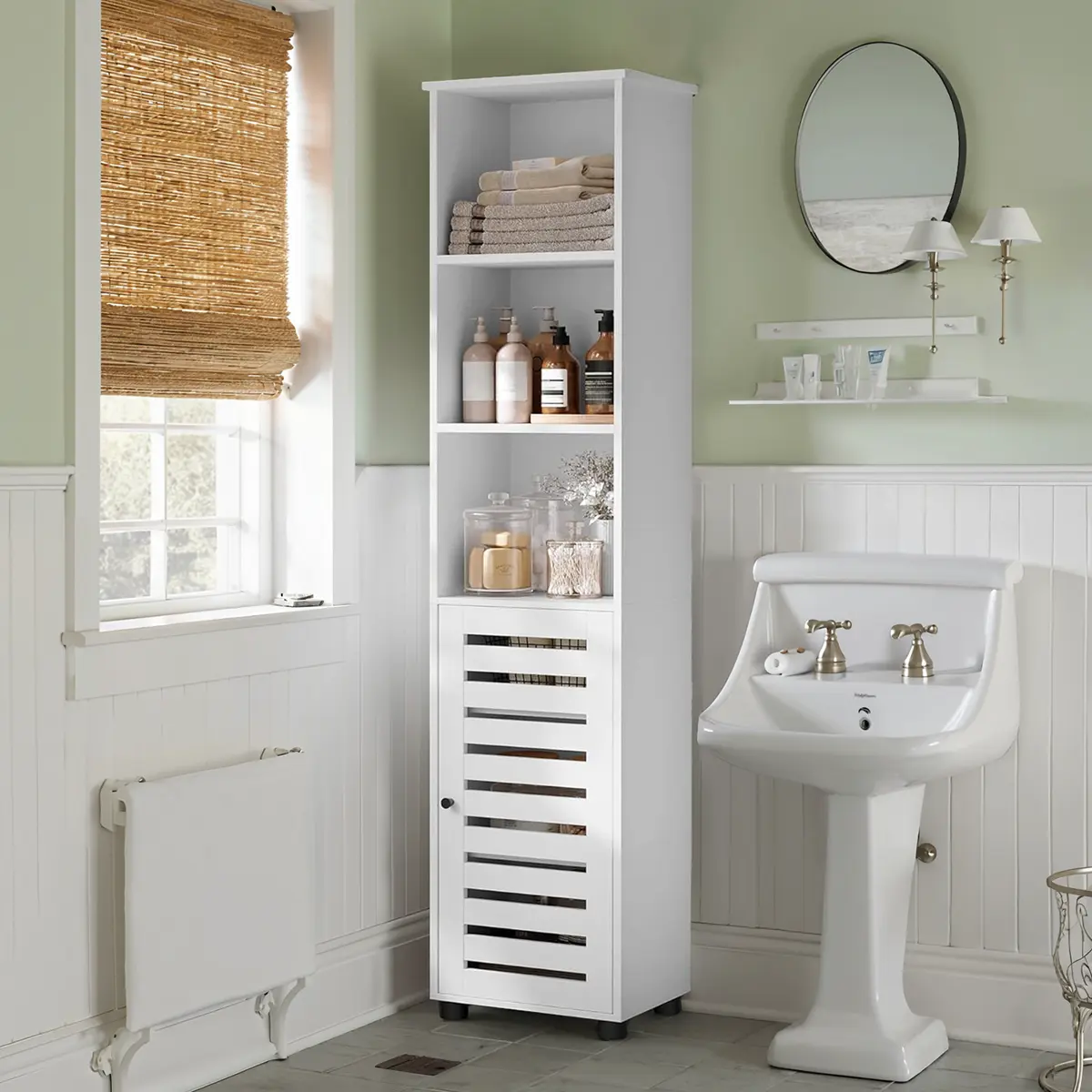 Tall Bathroom Storage Cabinet Unit, Bathroom Floor Cabinet, with 3 Open Compartments and 2 Adjustable Shelves