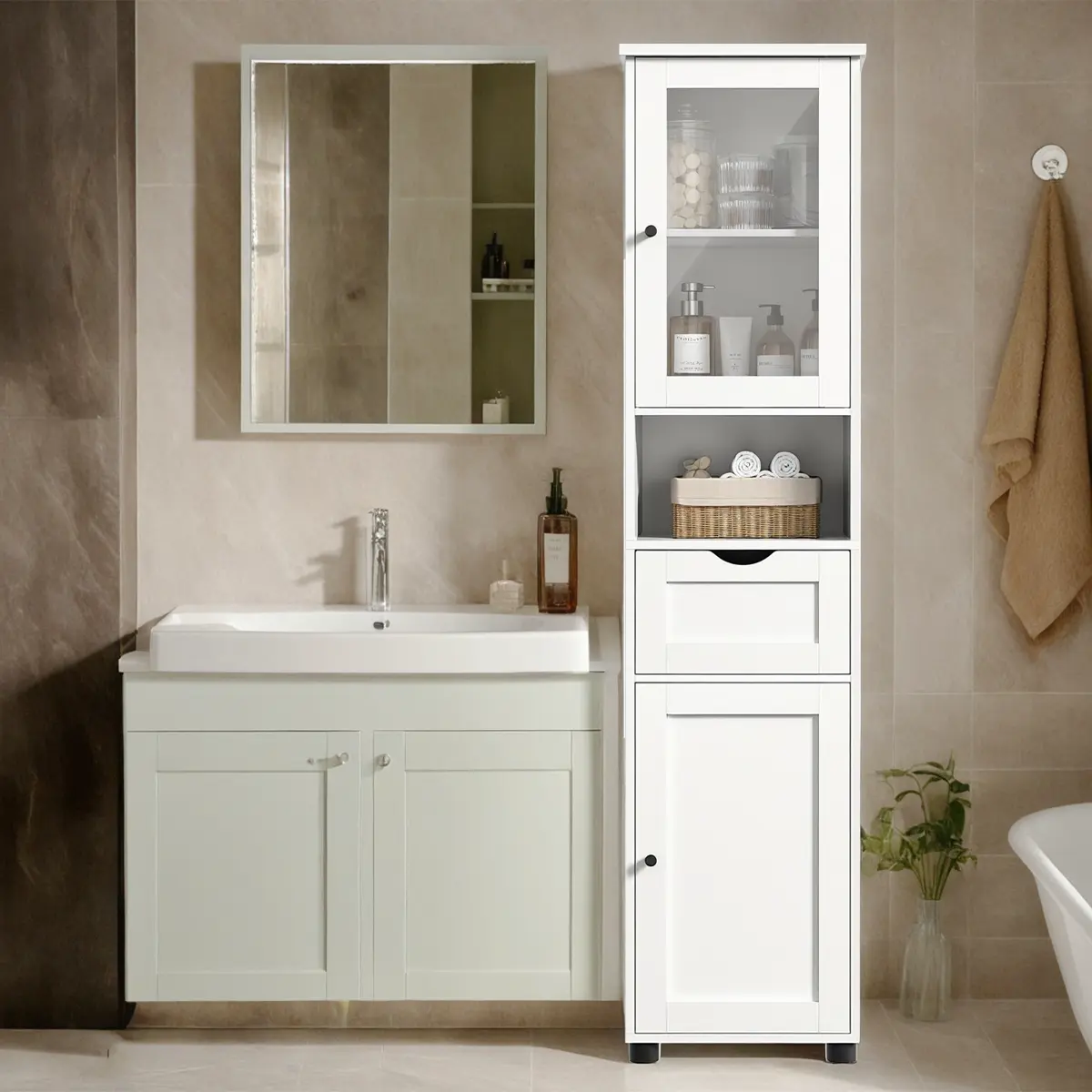 Tall Bathroom Storage Cabinet, Narrow Bathroom Storage Unit, Glass Door, Adjustable Shelves, Space Saver, White