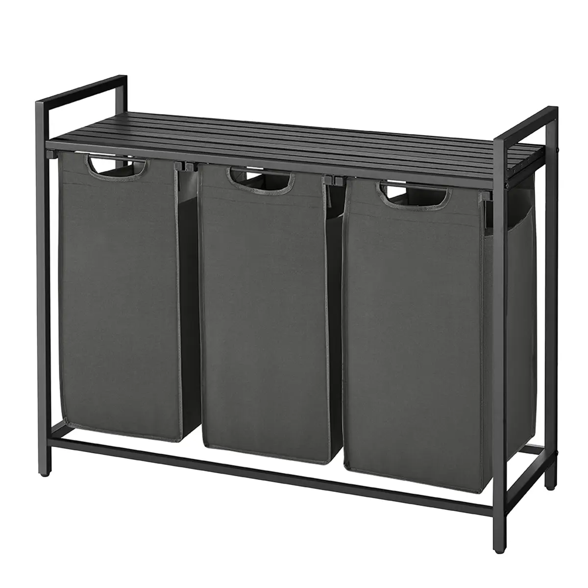 3-Section Laundry Hamper with Removable Bags, Laundry Basket with Shelf for Bedroom, 3 x 38 L, Black and Grey