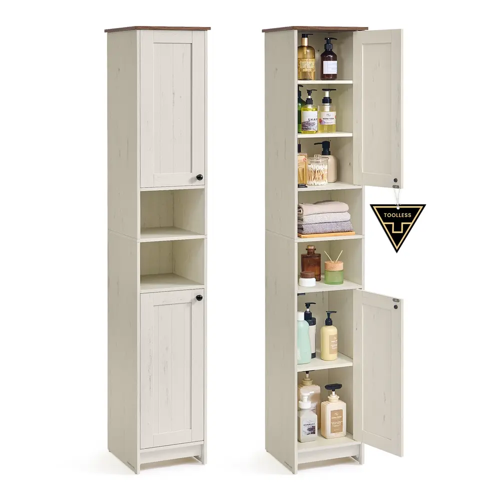 Superfast Toolless Assembly, Slim Tall Bathroom Floor Storage Cabinet 30 x 30 x 170 cm Rustic White
