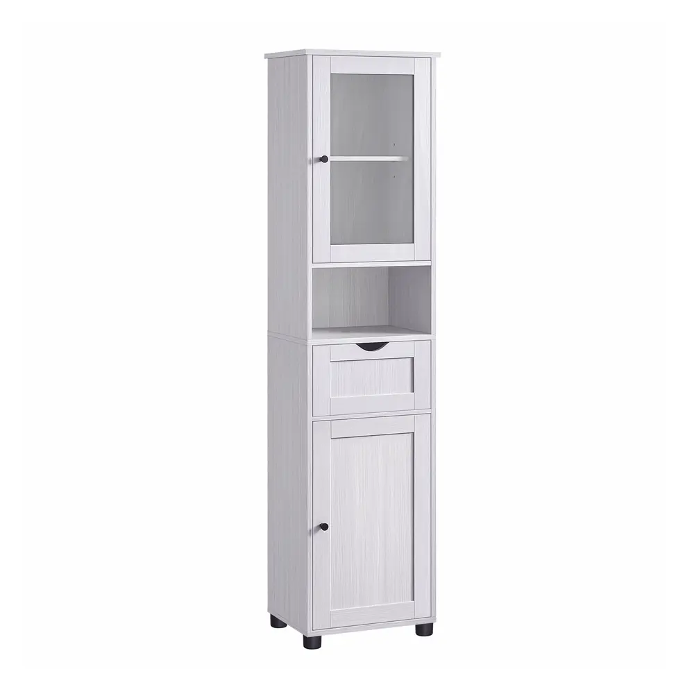 Tall Bathroom Cabinet Free Standing with Adjustable Shelves Light Grey with Wood Grain