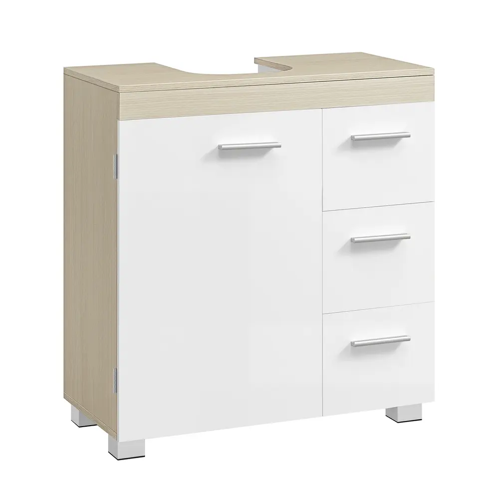 Under Sink Bathroom Cabinet 3 Drawers 2 Compartments Cloud White and Natural Beige