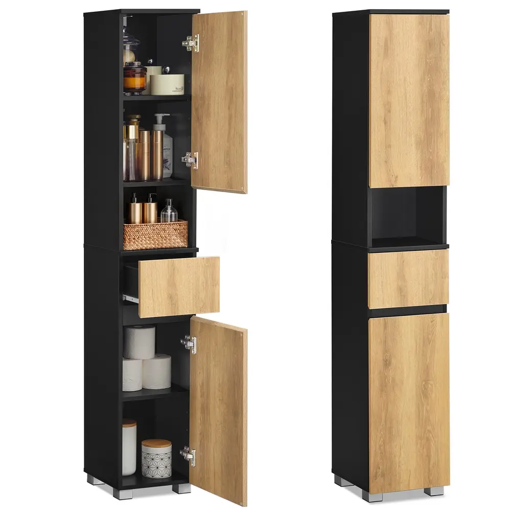 Tall Bathroom Cabinet Slim Storage Cabinet 30 x 30 x 170.2 cm Ink Black and Natural Brown