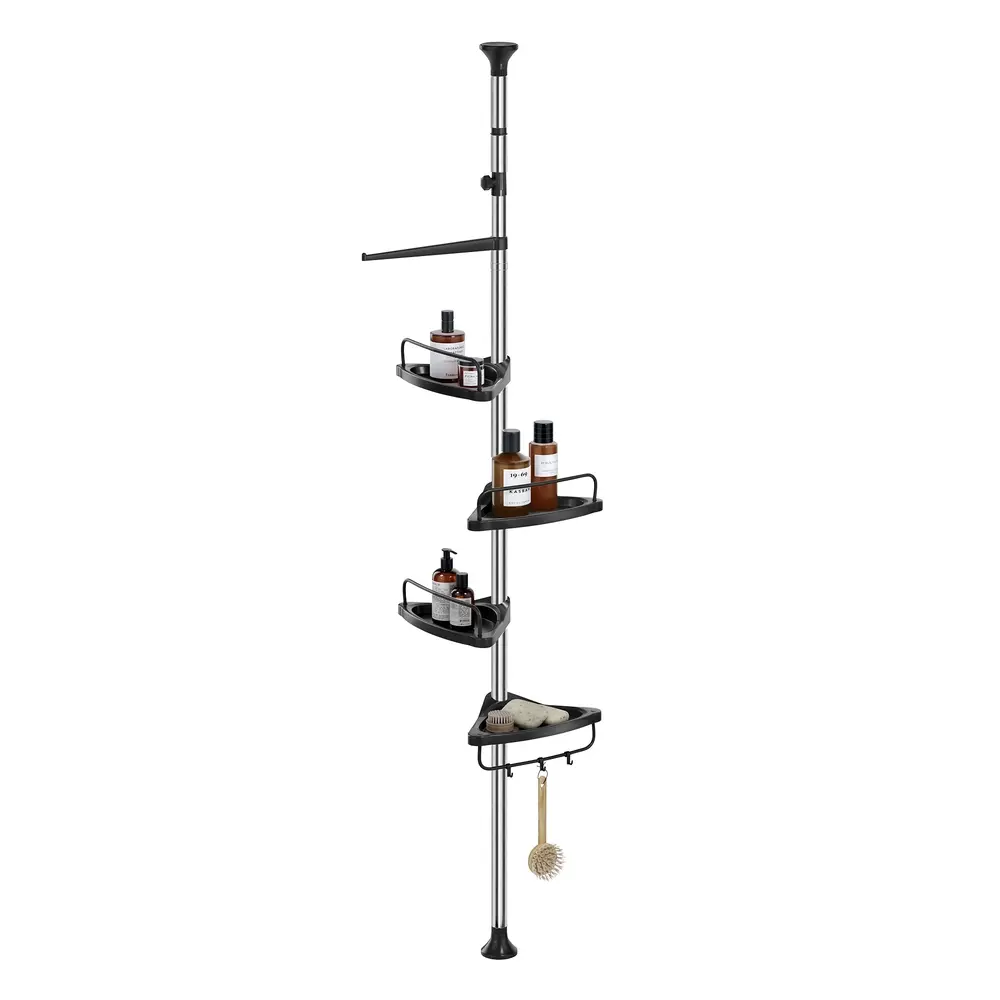 Adjustable Shower Caddy - Stainless Steel Corner Shelf with 4 Tiers, 3 Hooks & Towel Bar for Bathroom, Silver & Black