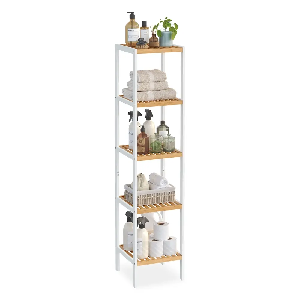 5-Tier Bamboo Bathroom Shelf Cloud White and Natural Beige