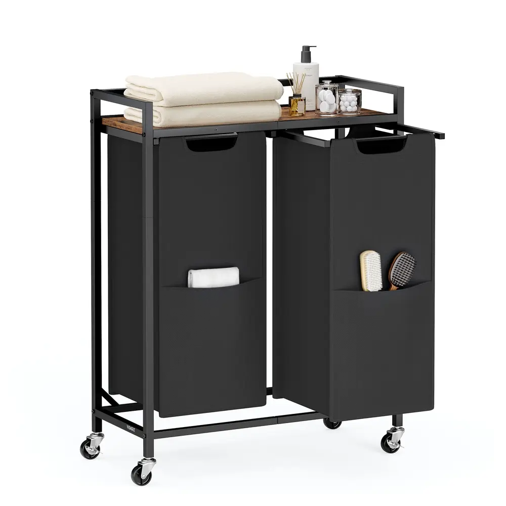 Laundry Basket 29 Gal. (110 L) with 2 Compartments Ink Black and Rustic Brown