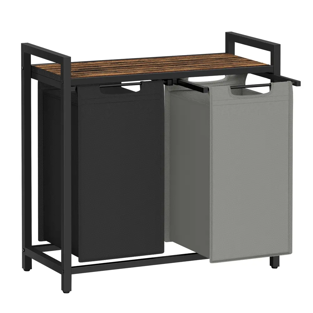 2-Compartment Laundry Hamper Ink Black and Dove Gray and Rustic Brown