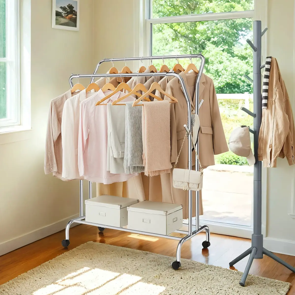 Clothes Rack, Double-Rod Clothing Rack with Wheels, Heavy-Duty Garment Rack