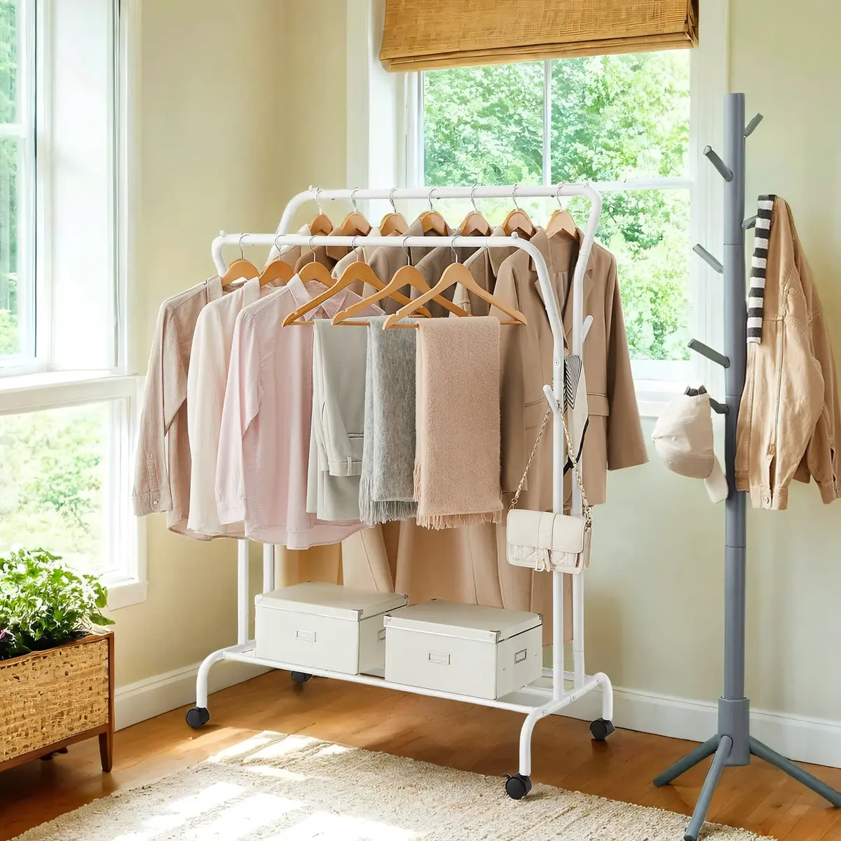 Clothes Rack, Double-Rod Clothing Rack with Wheels, Heavy-Duty Garment Rack