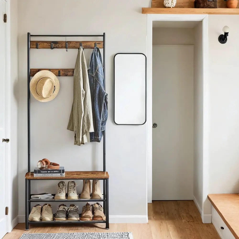 Hallway Coat and Shoe Rack with Bench, Brown
