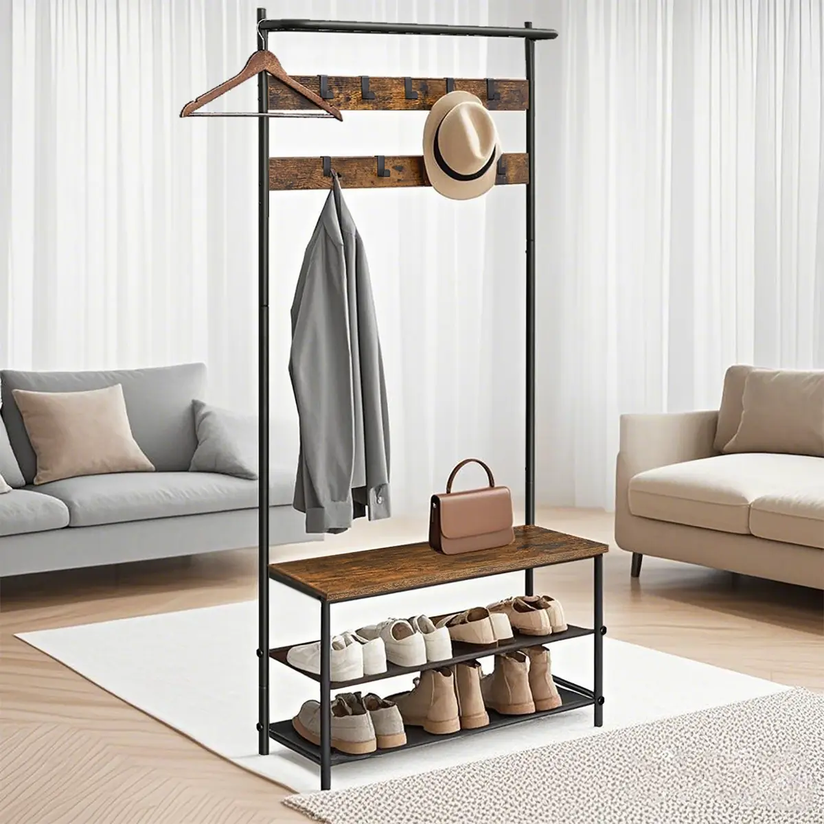 Hall Tree with Bench and Shoe Storage, Entryway Bench with Coat Rack Stand and Shoe Rack, 9 Movable Hooks