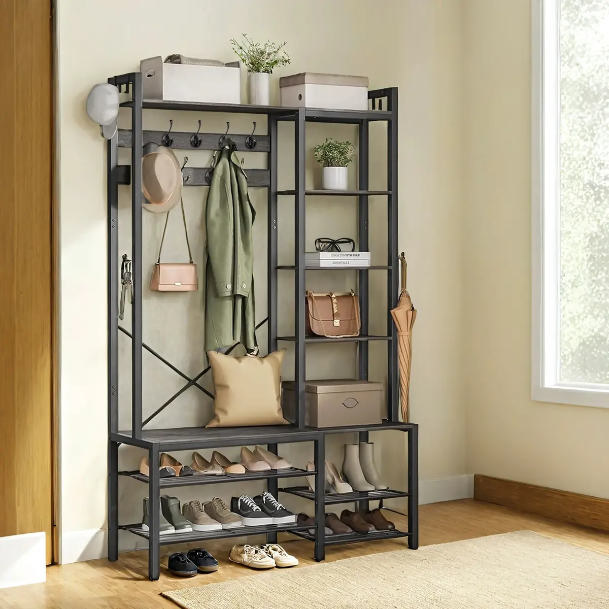 Hallway Coat Rack, Hall Tree with Bench and Shoe Storage