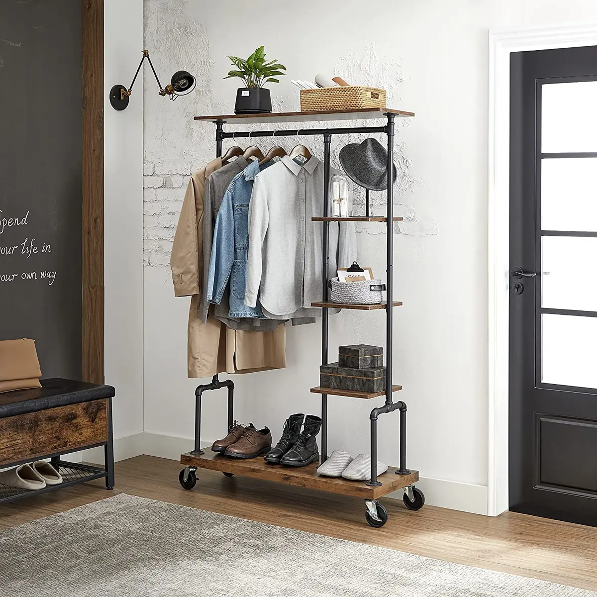 Rolling Garment Organiser, 5-Tier Clothes Storage Rack with Metal Frame, for Laundry Room, Bedroom, Brown and Black
