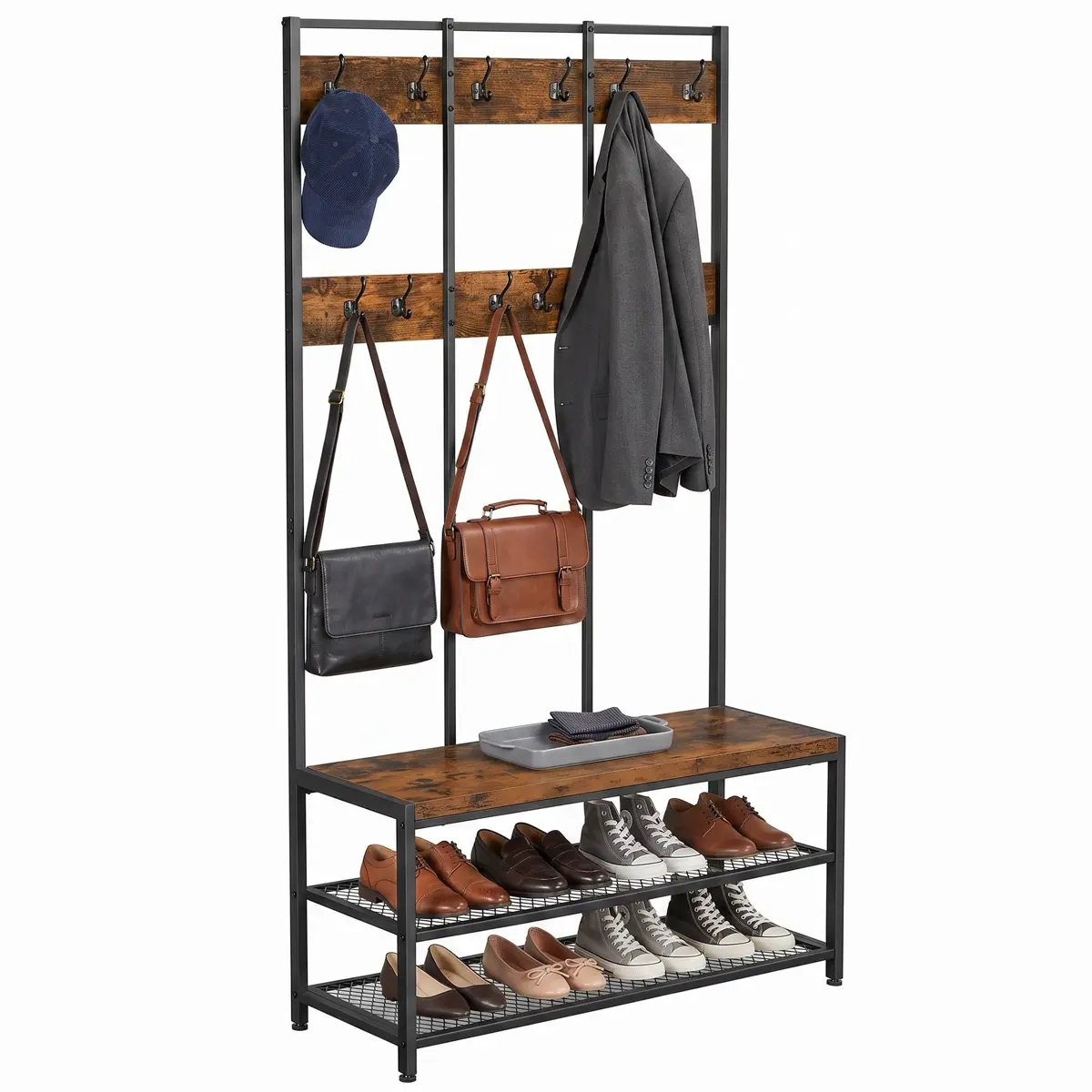 Large Hallway Coat and Shoe Rack with Bench, Brown
