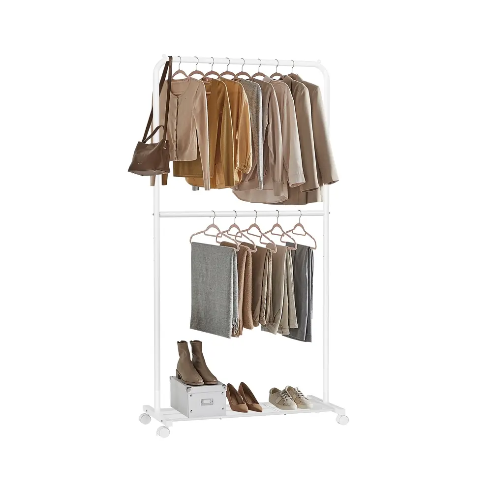 Clothes Rack, Rolling Rail with Shelf, with Middle Rod, White