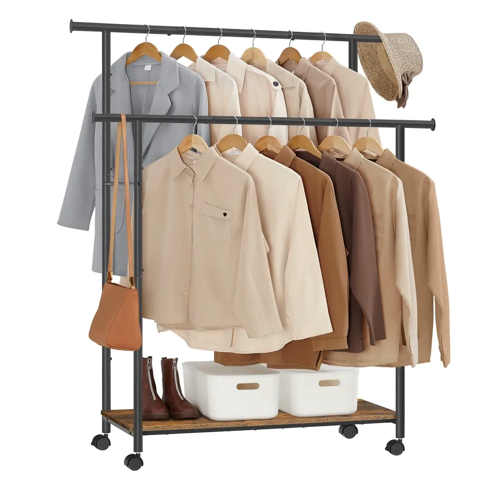 Double-Rod Clothes Rack Rustic Brown and Ink Black