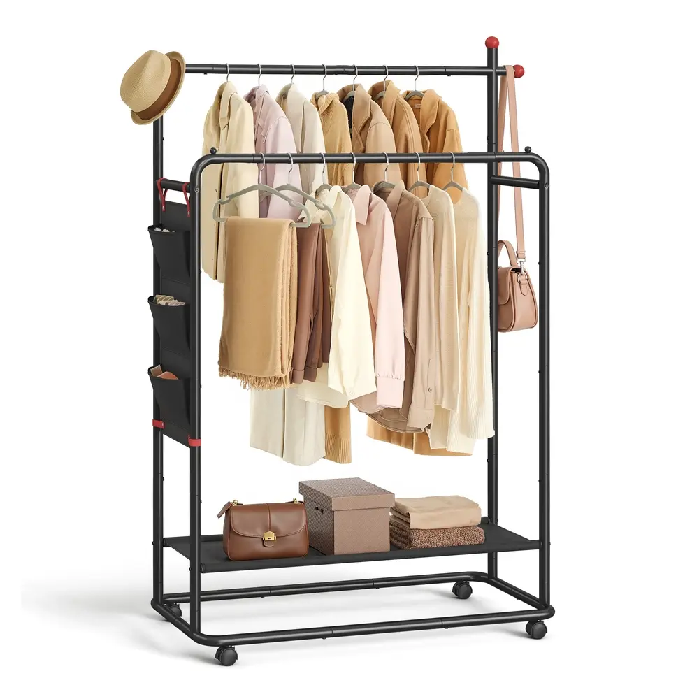Clothes Rail on Wheels with 2 Clothes Hanging Rails Ink Black