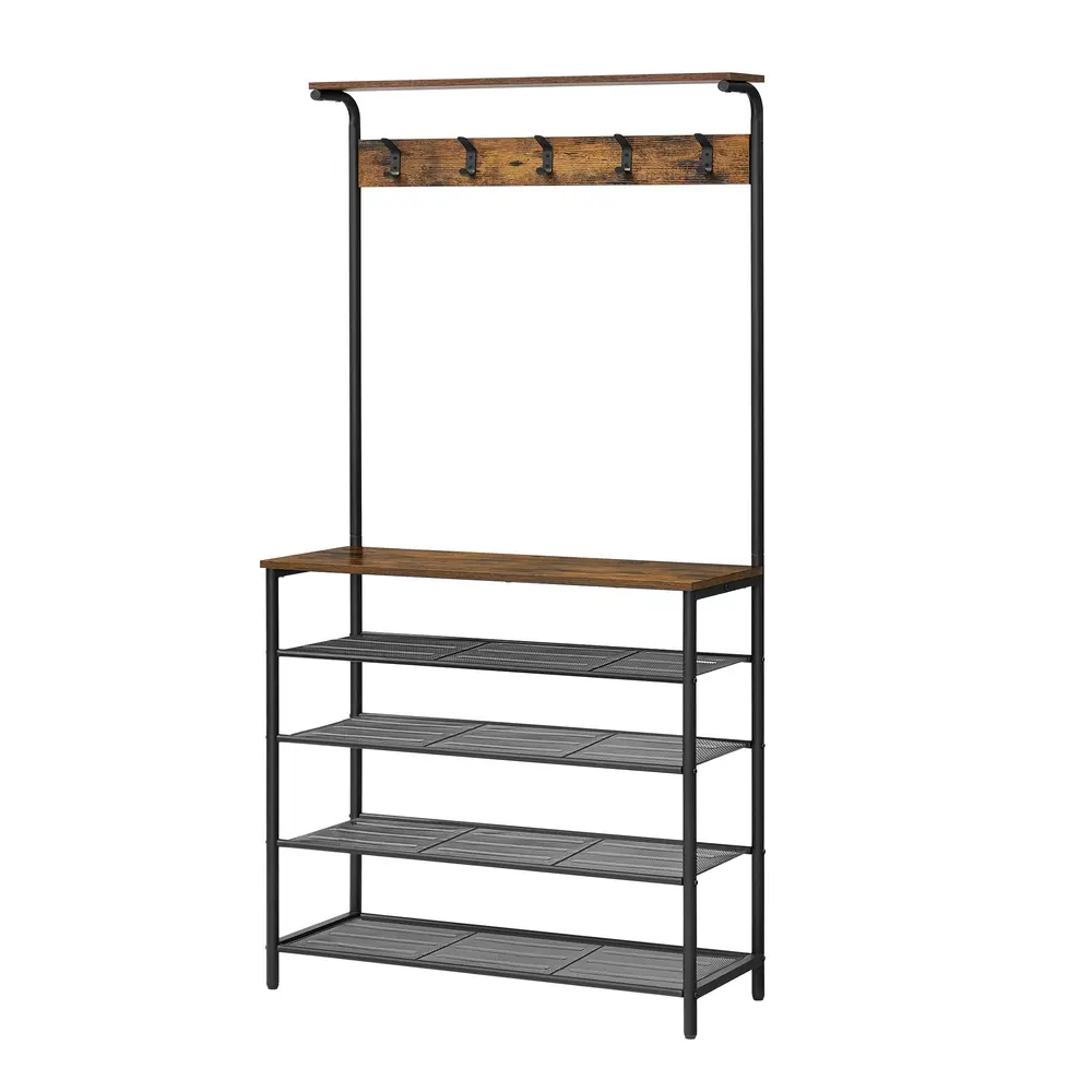 Industrial Rustic Clothes Rack with Shoe Storage and Hooks