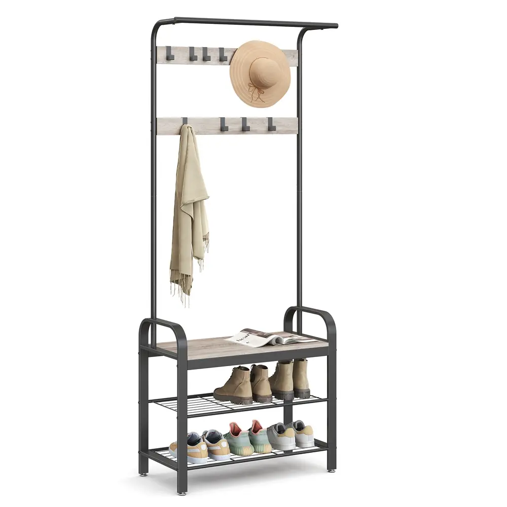 Coat Rack with 9 Removable Hooks 34 x 72 x 183 cm Greige and Black