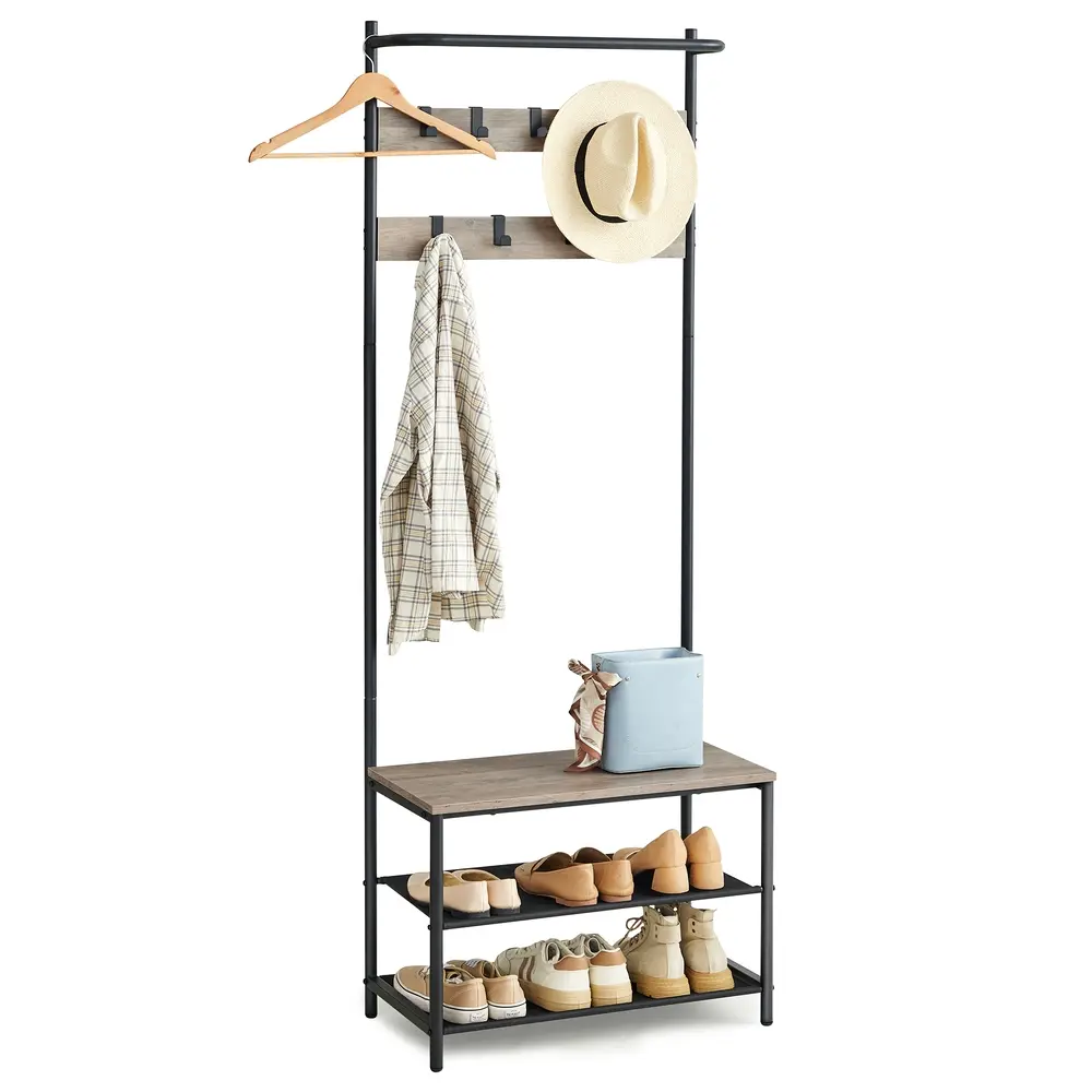 Coat Rack with Shoe Storage 9 Movable Hooks Greige and Black