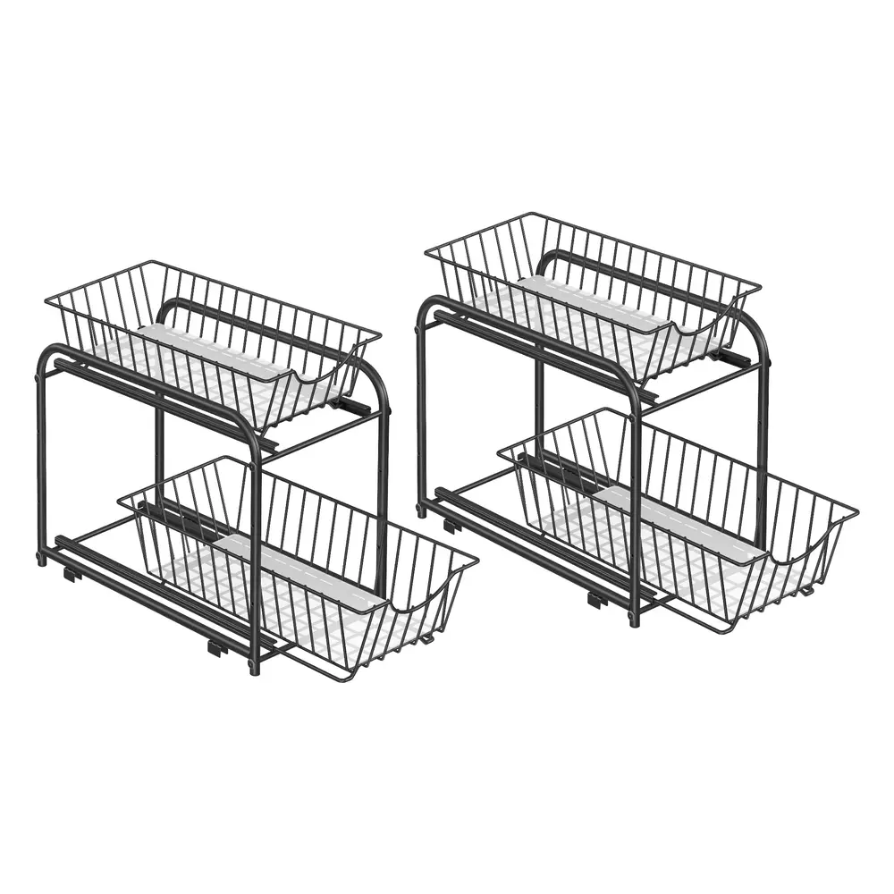 Set of 2 Sliding Basket Organizers - 2-Tier Under-Sink Storage, Stackable for Kitchen & Bathroom, Classic Black