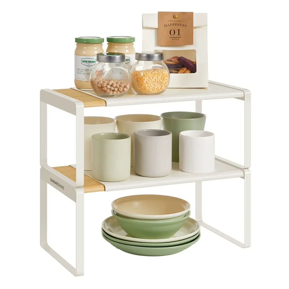 Spice Racks Set of 2 Kitchen Organiser Shelves Light Bamboo and Cream White