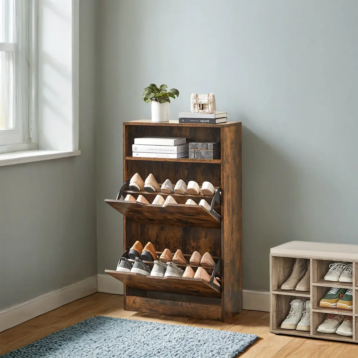 Slim Shoe Storage for Small Spaces, 24 x 60 x 102 cm, Brown