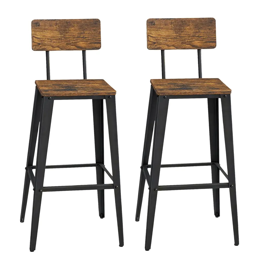 Set of 2 Industrial Kitchen Bar Stools, Bar Chairs for Breakfast Bar, Metal Frame, Supportive Backrest, Black