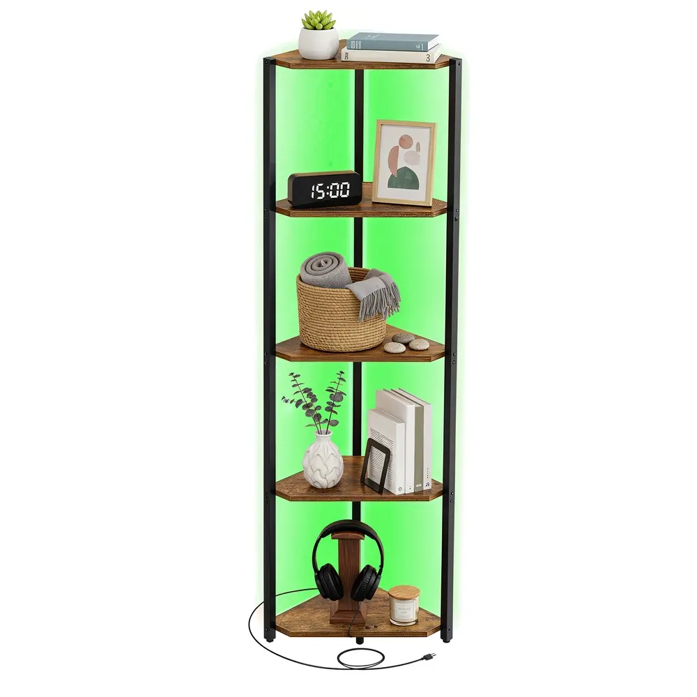 5-Tier LED Corner Shelf with Remote-Controlled Lighting, Rustic Brown