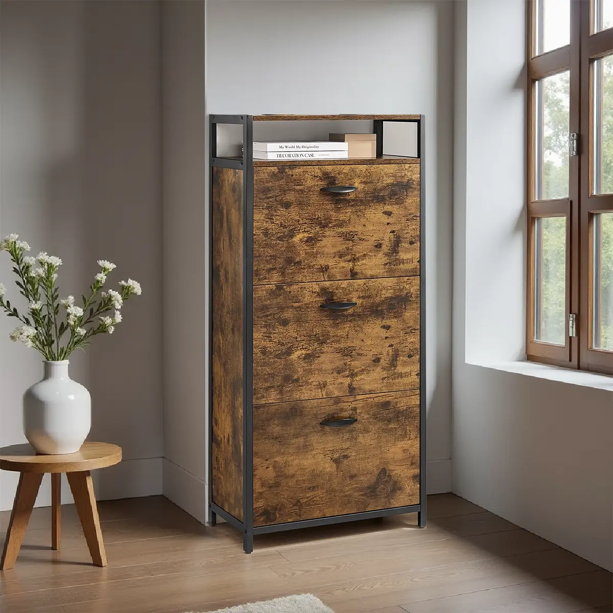 Shoe Storage Cabinet with 3 Flip Drawers, Asjustable and Removable Dividers, Holds 15-18 Pairs of Shoes