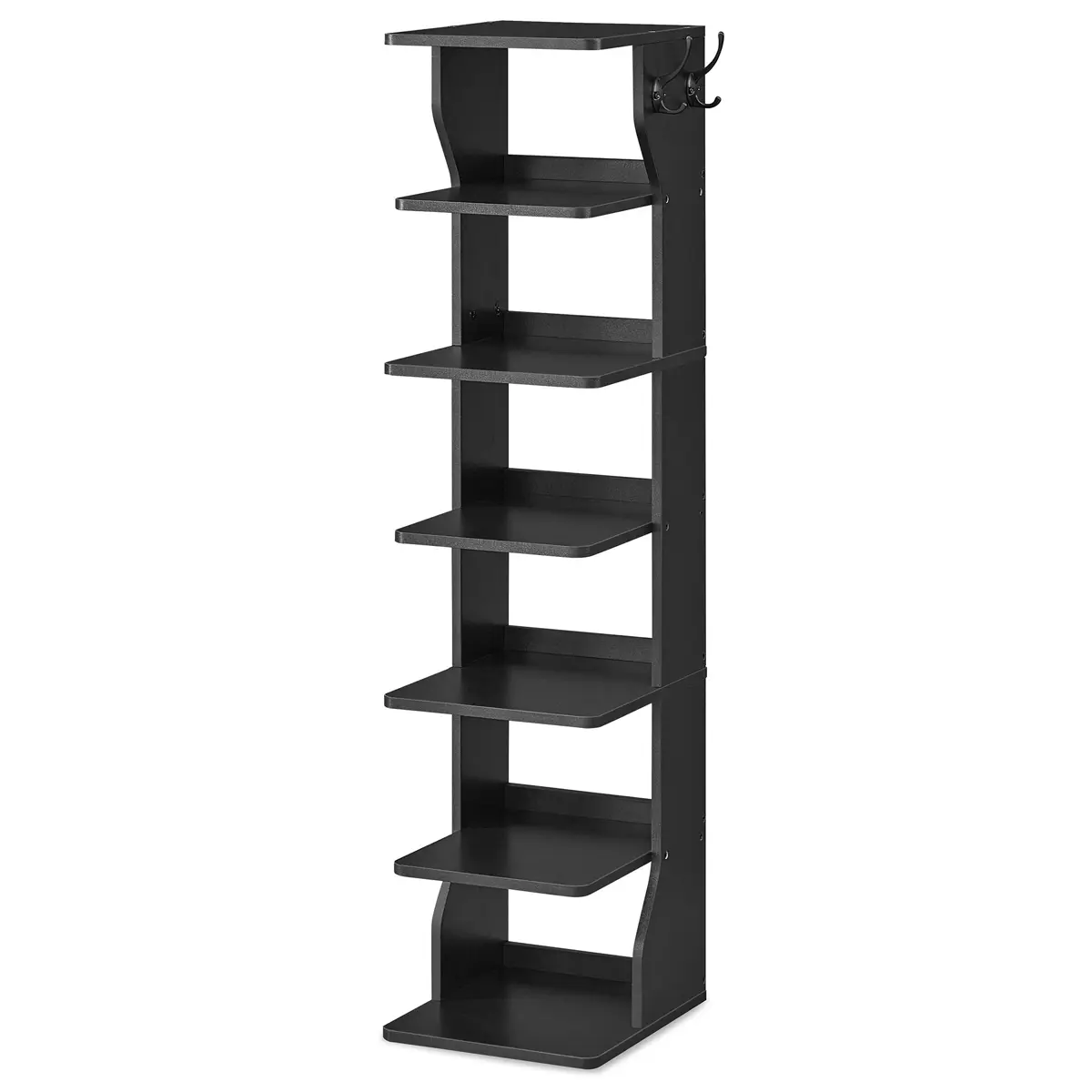 7-Tier Vertical Shoe Rack, Narrow Shoe Storage Organiser with Hooks, Slim Corner Shoe Tower Rack