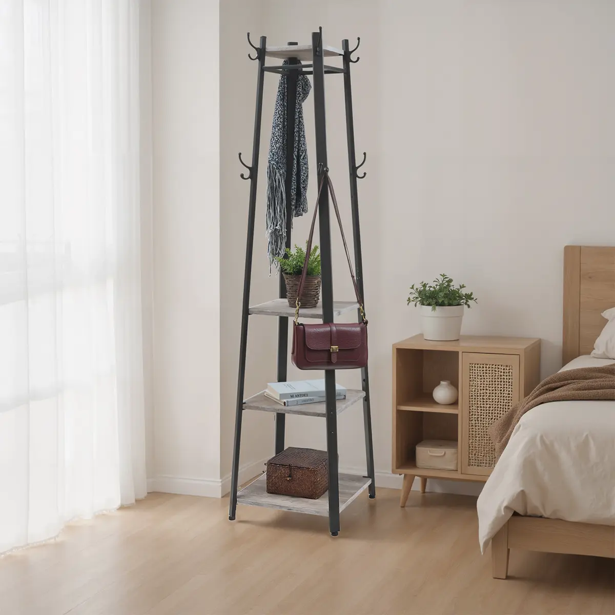 Coat Rack, Coat Stand with 3 Shelves, Hall Tree Free Standing with Hooks