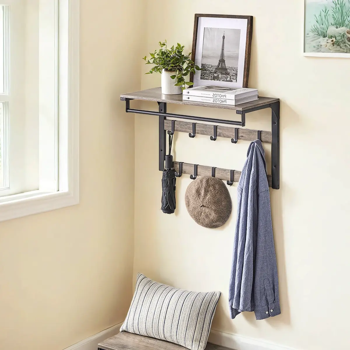 Wall-Mounted Coat Rack, Wall Shelf with 10 Removable Hooks, Clothes Rail