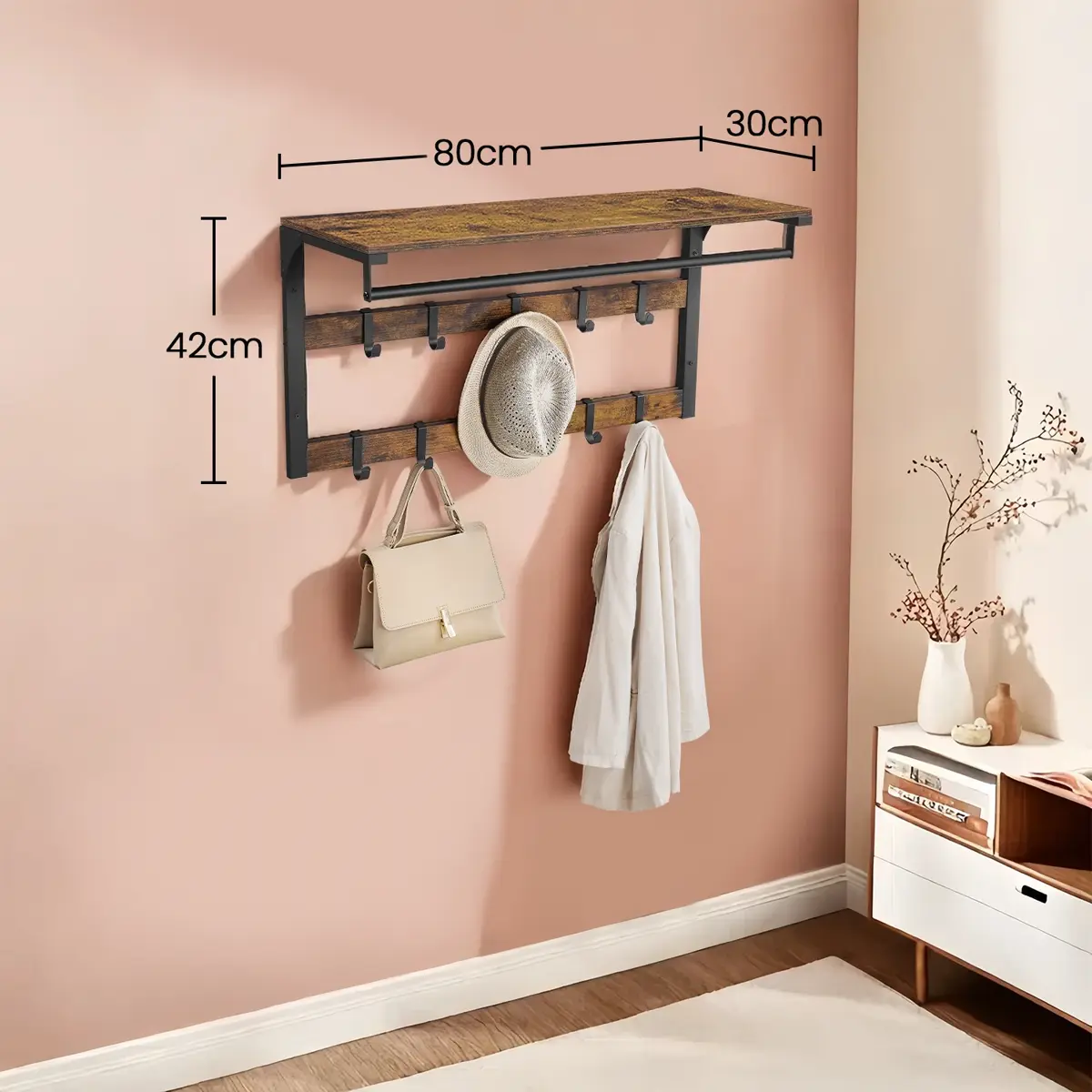 Wall-Mounted Coat Rack, Wall Shelf with 10 Removable Hooks, Clothes Rail