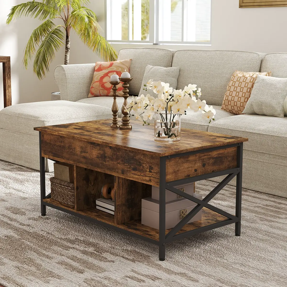 Lift-Top Table Coffee Table for Living Room, with Open and Hidden Storage, X-Shaped Bars, Brown and Black