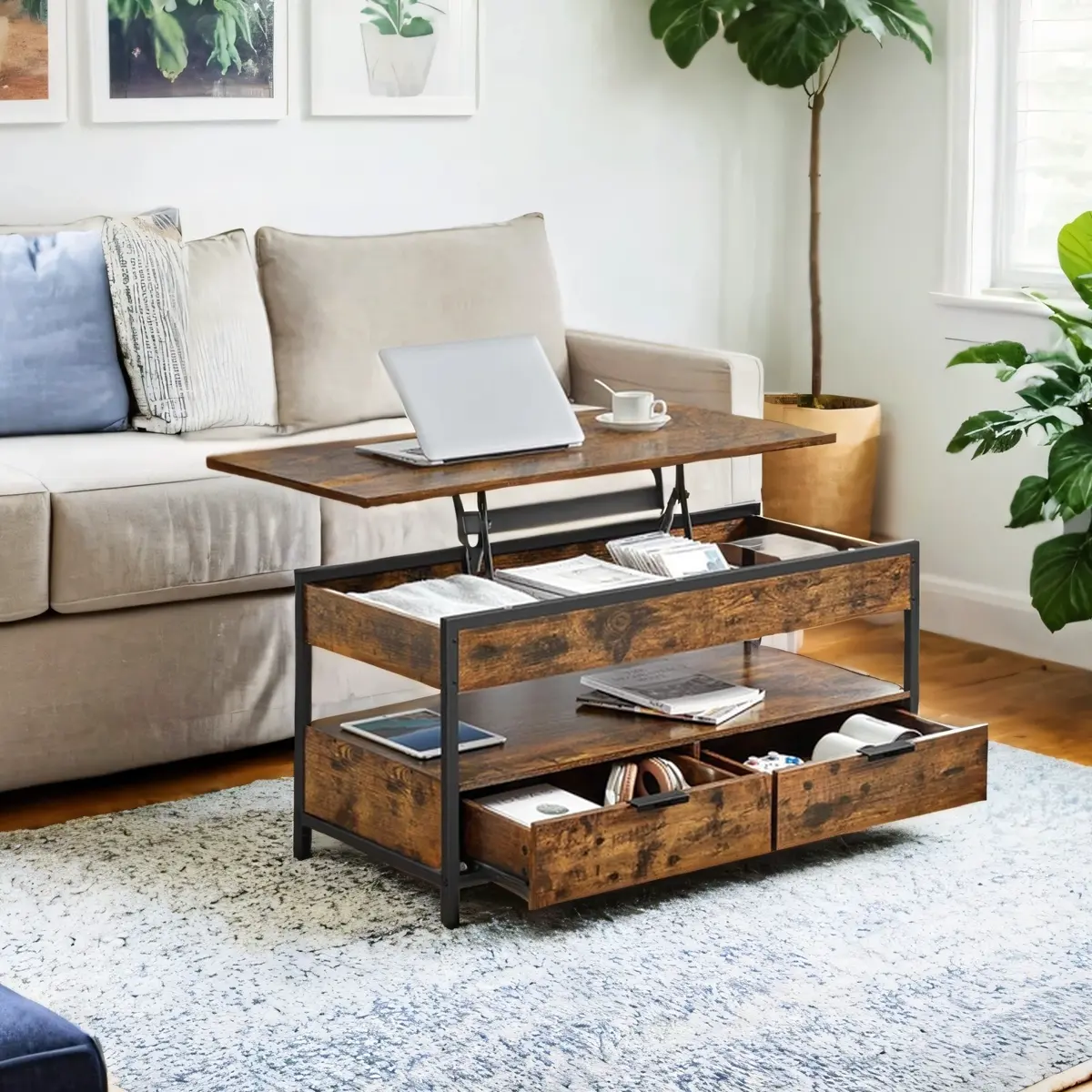 Industrial Coffee Table, Lift-Top Living Room Table with Drawers Open Compartment, Brown and Black