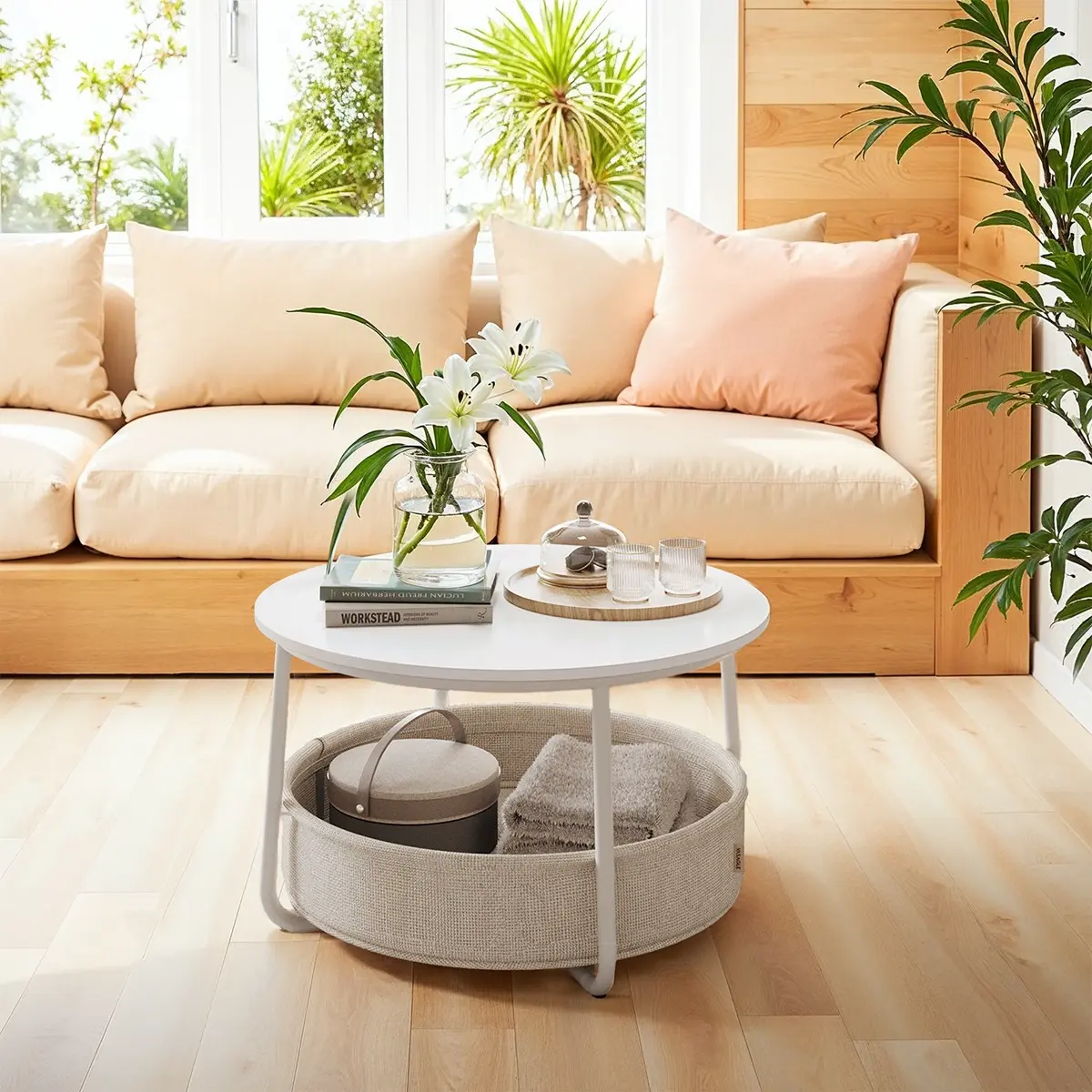 Coffee Table with Storage, Round Center Table with Fabric Basket, Modern Style
