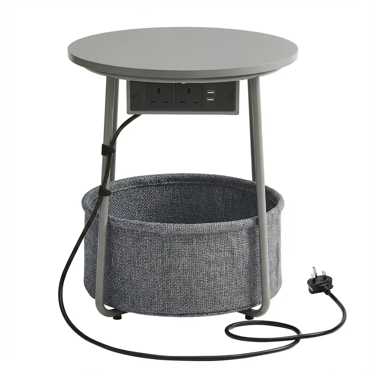 Round Side End Table with Fabric Basket and Power Outlets, Grey