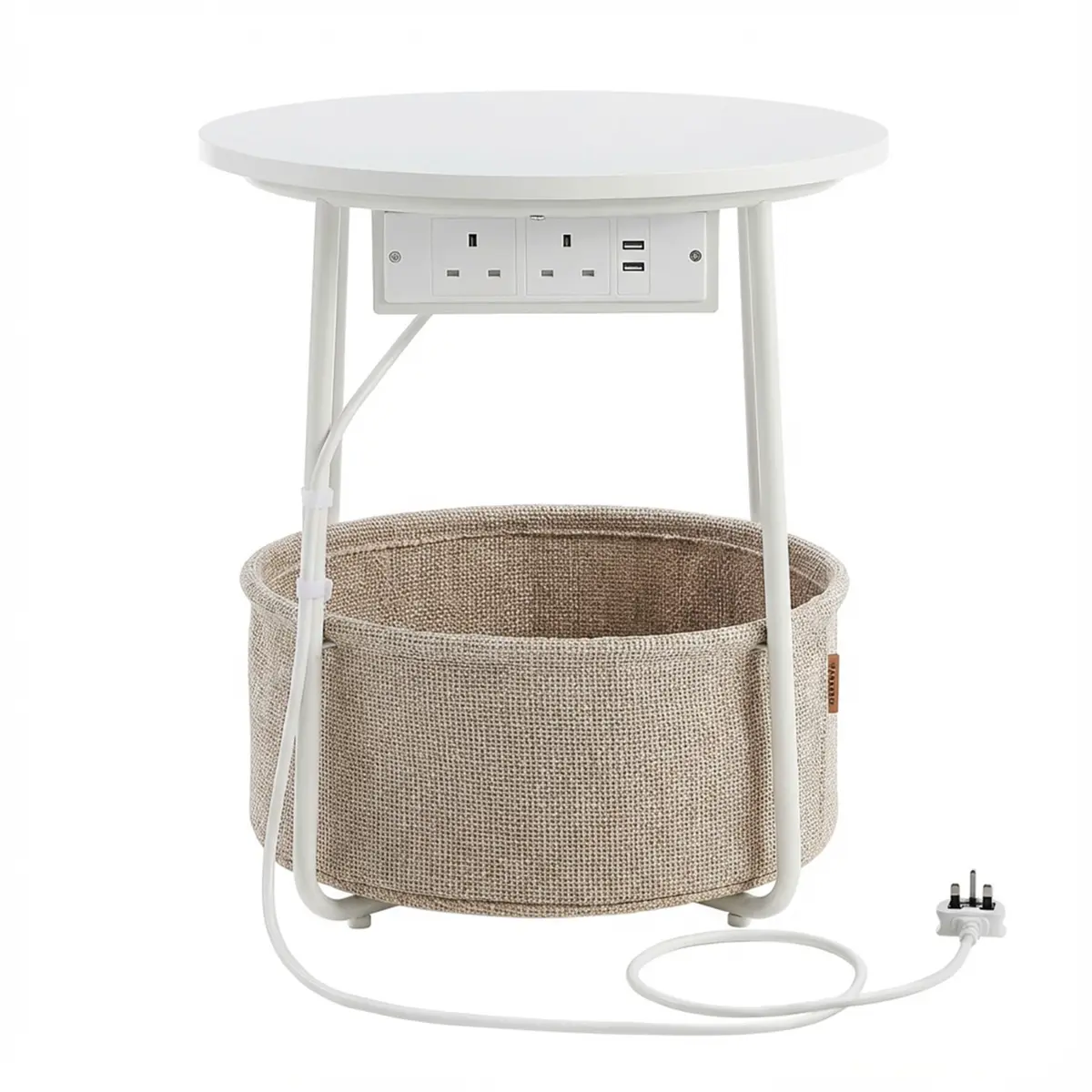 Round Side End Table with Fabric Basket and Power Outlets, White