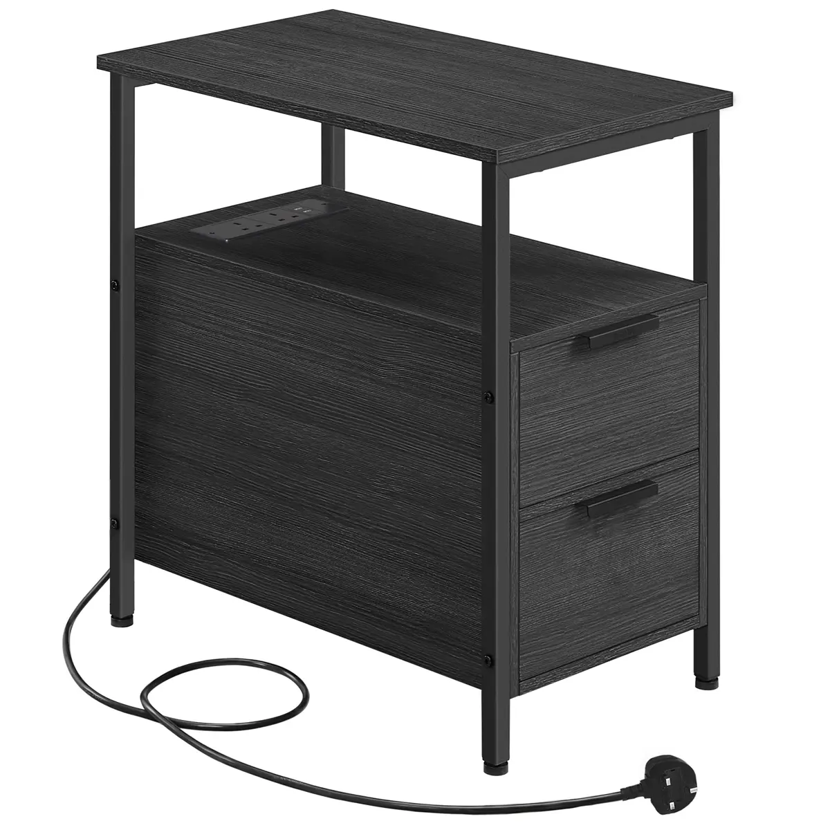 Narrow End Table with 2 Drawers, Bedside Table with Charging Station, Side Table with Storage, Grey and Black