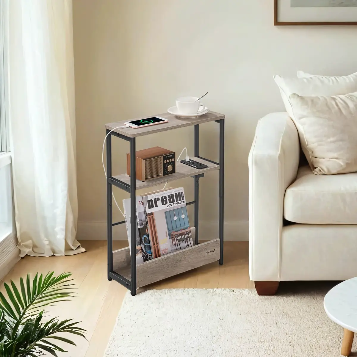 3-Tier Narrow Bedside Table, End Table for Compact Living, with Charging Station Magazine Rack, Greige